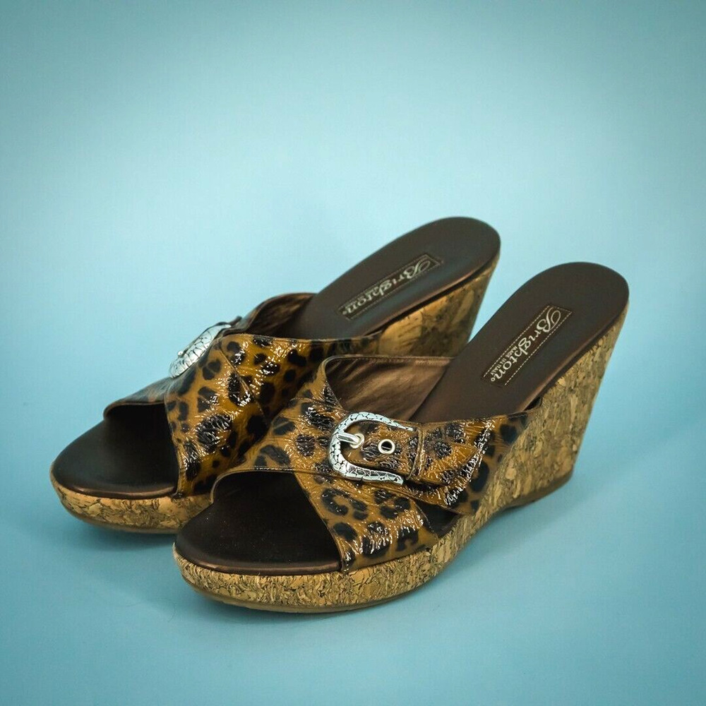 Brighton Size 9 Brown Black Cheetah Leopard Animal Patent Leather Cork Sandals